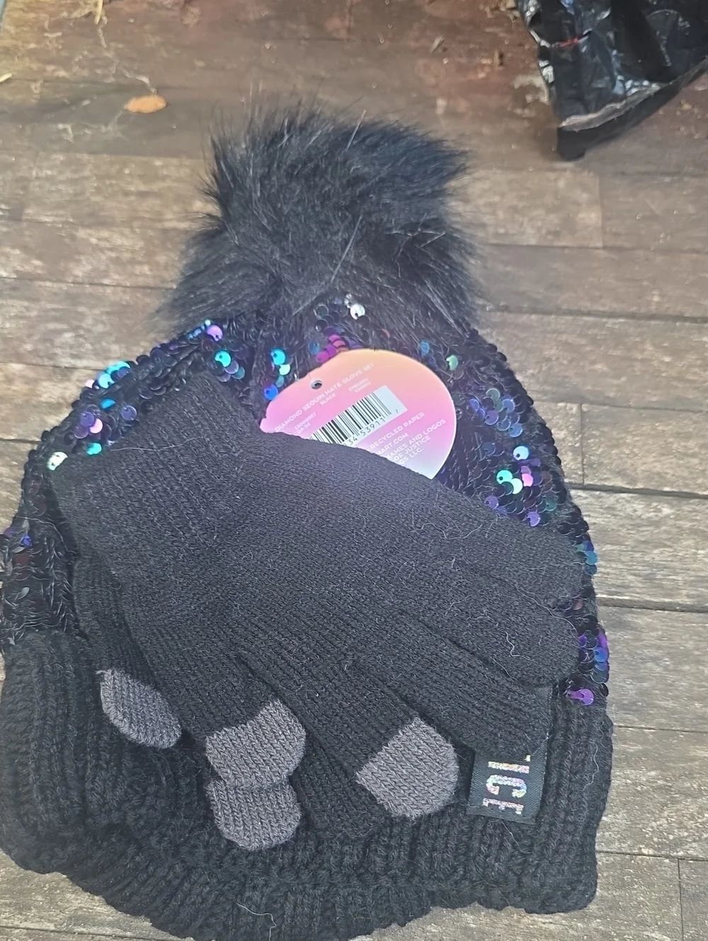 Justice Black Sequin Pom Beanie with Matching Black Touchscreen Gloves